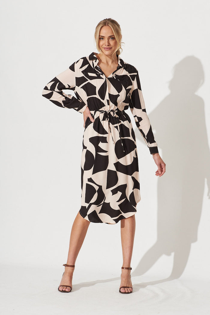 Samana Midi Dress In Cream With Black Print - full length