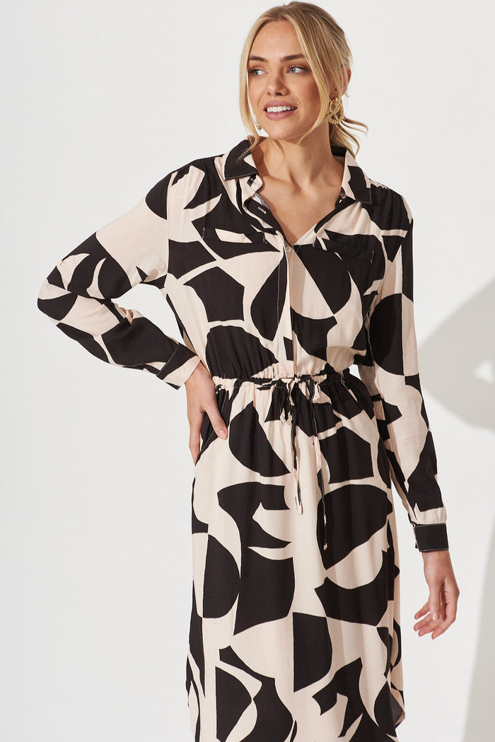 Samana Midi Dress In Cream With Black Print - front