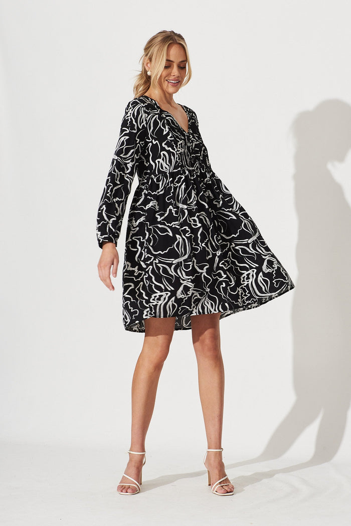 Saba Smock Dress In Black With White Swirl Print - full length