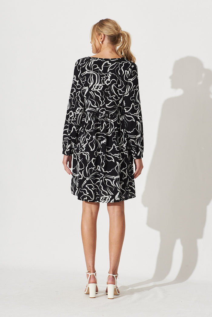 Saba Smock Dress In Black With White Swirl Print - back