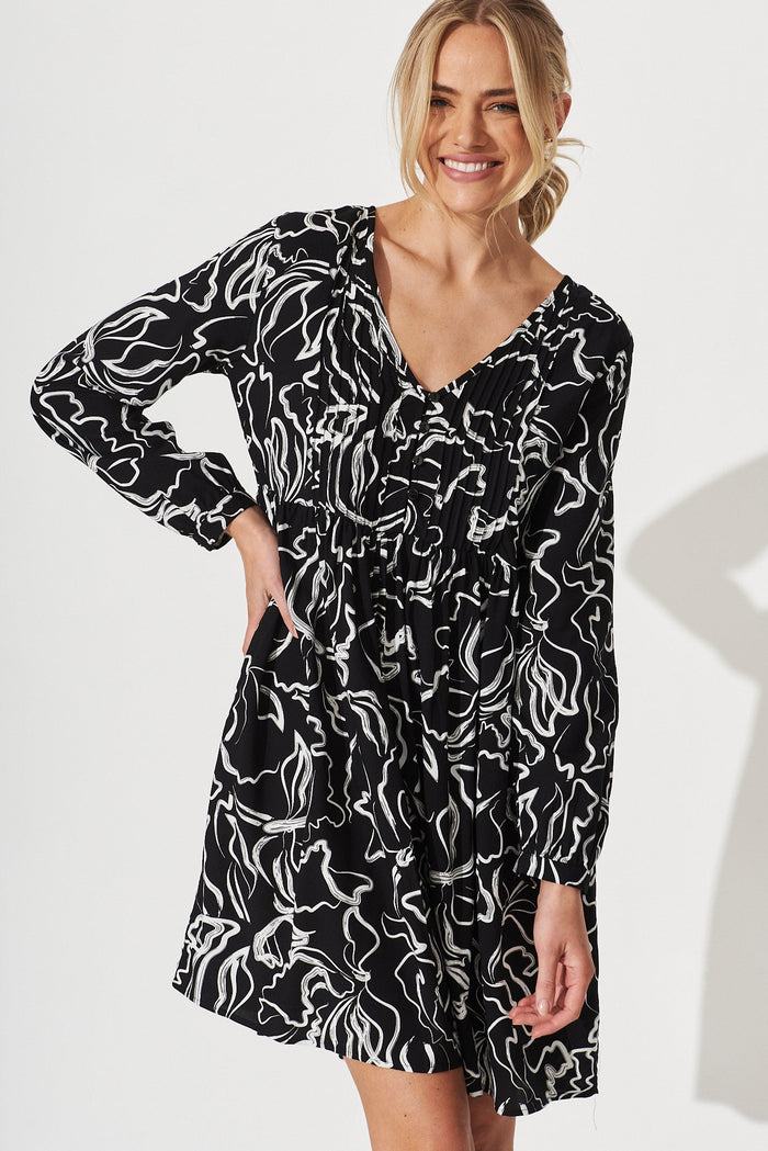 Saba Smock Dress In Black With White Swirl Print - front