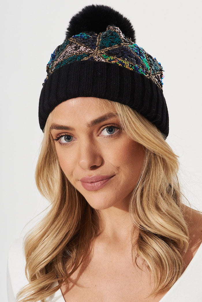 August + Delilah Grasse Beanie In Black Sequin - front