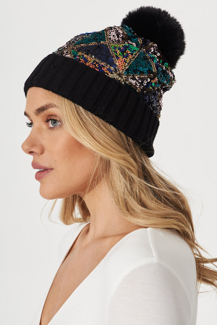 August + Delilah Grasse Beanie In Black Sequin - side