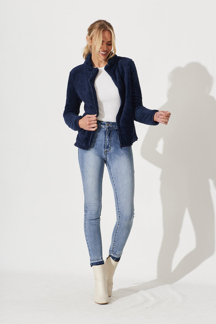 Linea Fluffy Jacket In Navy - full length