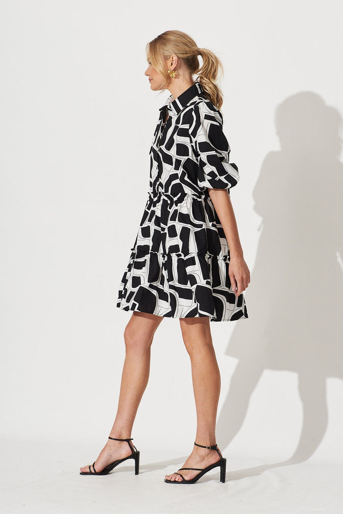 Daydream Smock Dress In Black With White Print Cotton - side