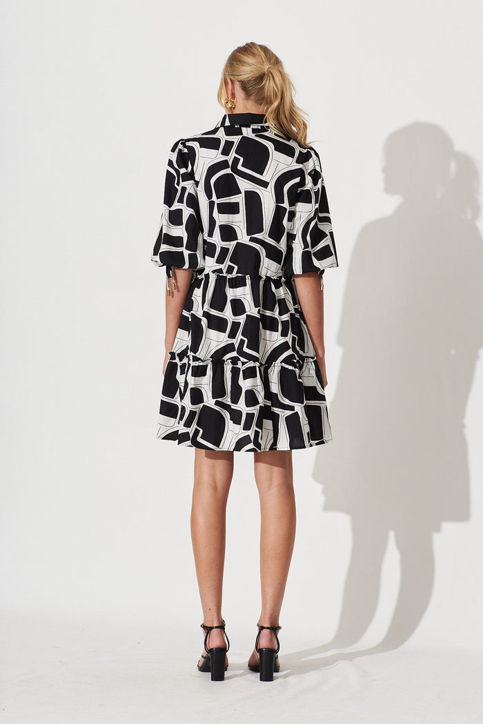 Daydream Smock Dress In Black With White Print Cotton - back