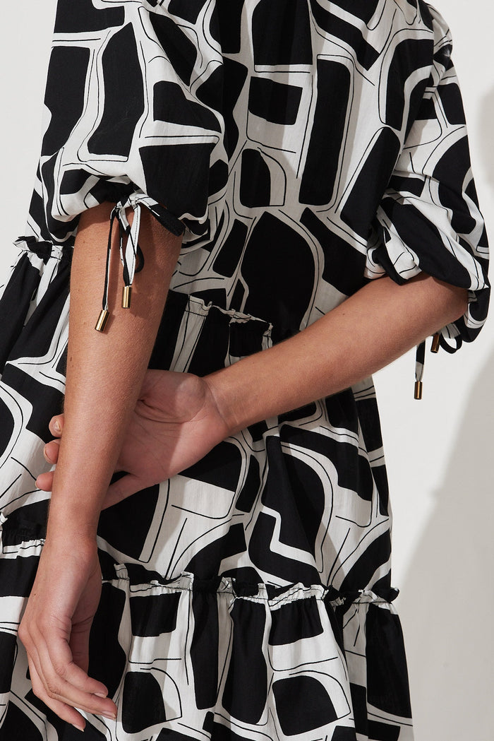 Daydream Smock Dress In Black With White Print Cotton - detail
