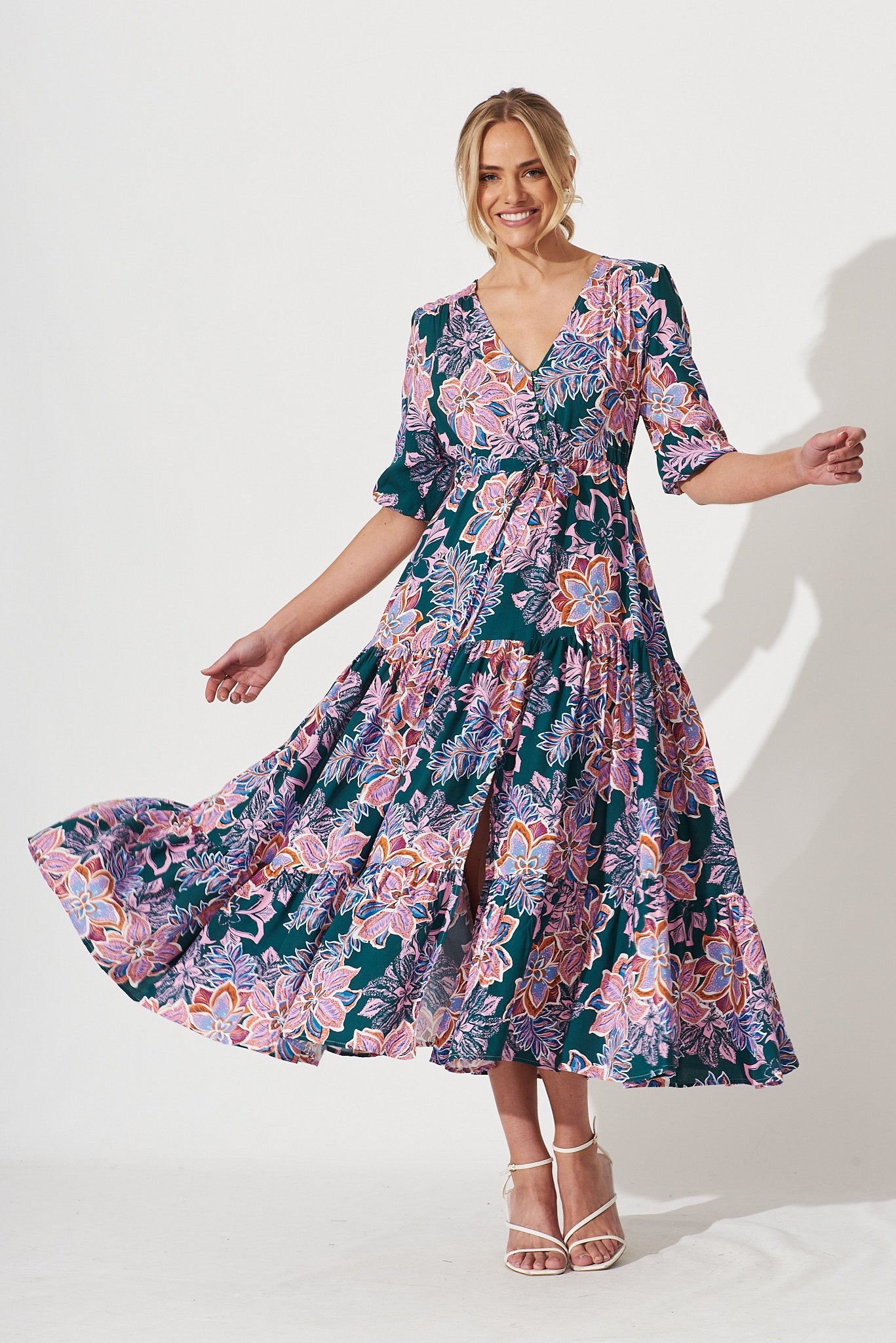 Emilia Maxi Dress In Green With Pink Multi Floral - full length