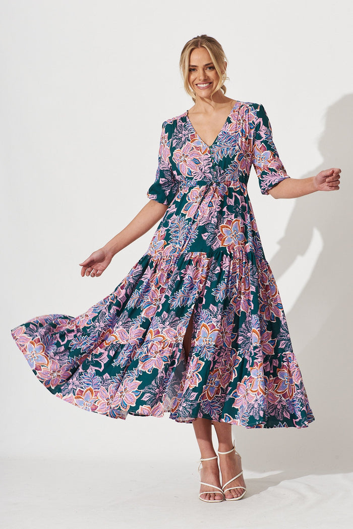 Emilia Maxi Dress In Green With Pink Multi Floral - full length