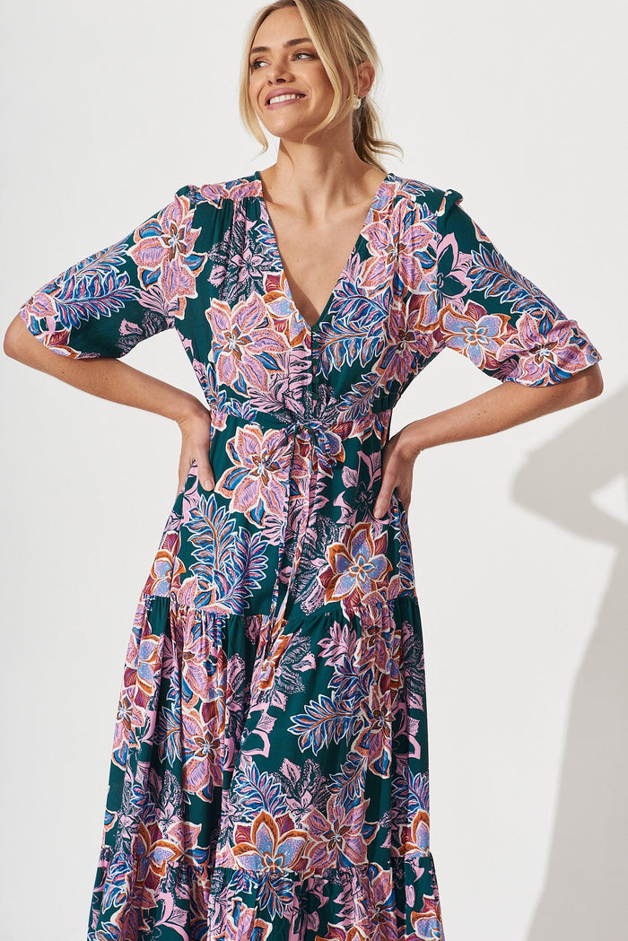 Emilia Maxi Dress In Green With Pink Multi Floral - front