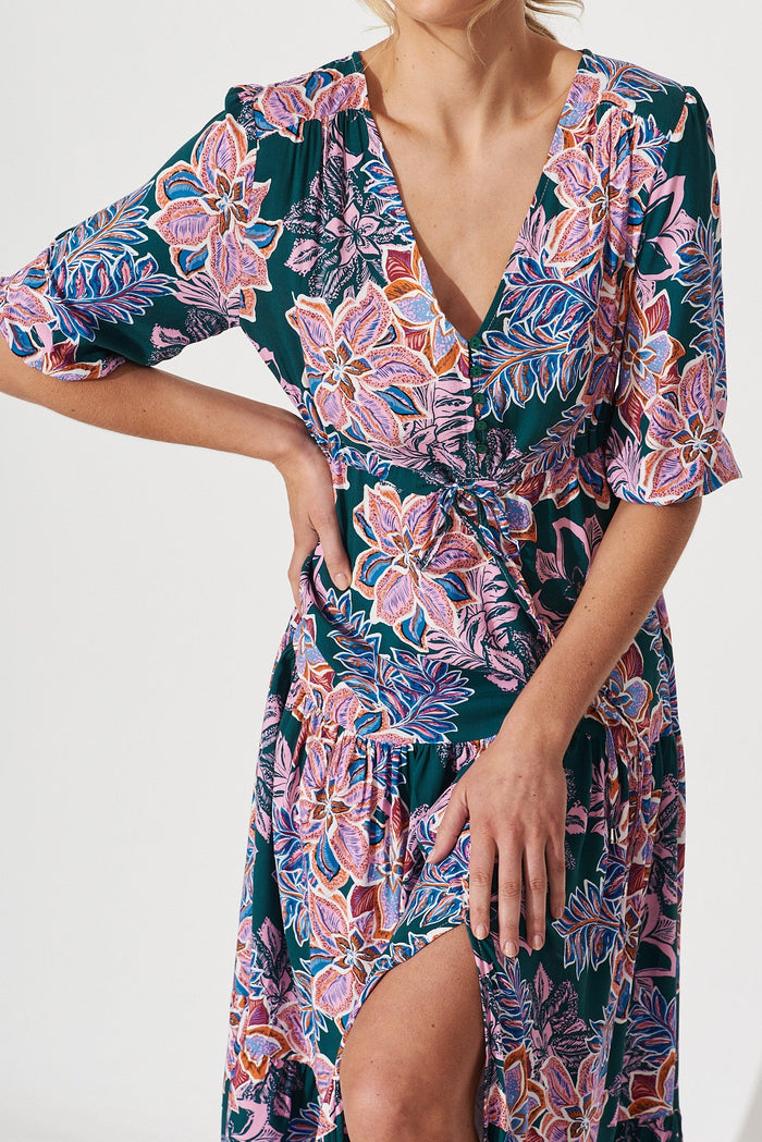 Emilia Maxi Dress In Green With Pink Multi Floral - detail