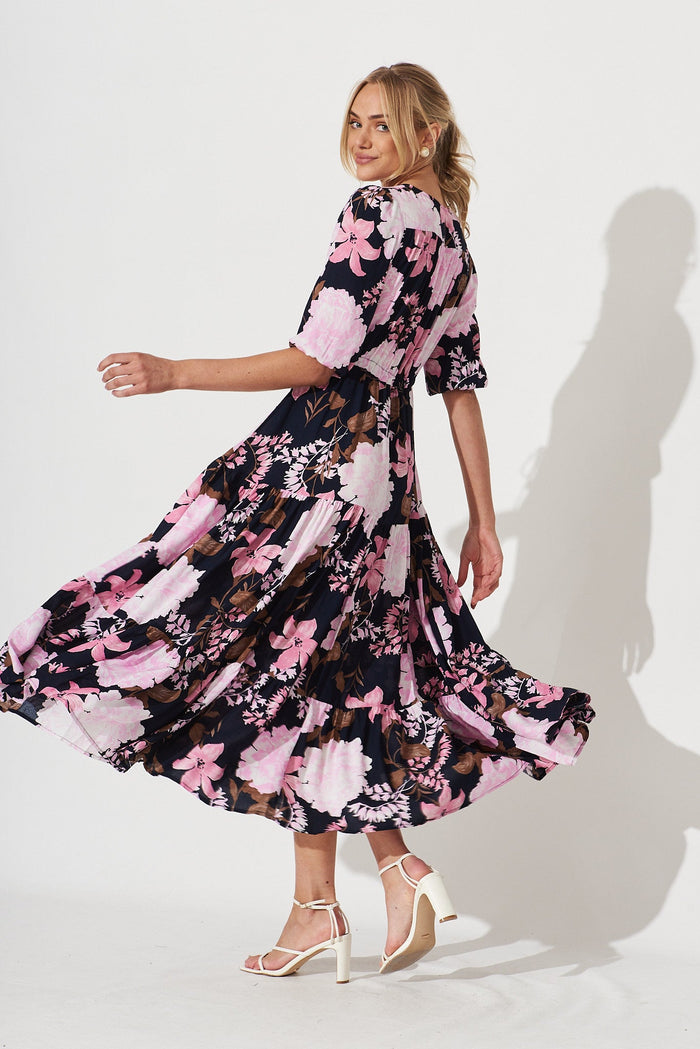 Emilia Maxi Dress In Navy With Pink And Lilac Floral - side
