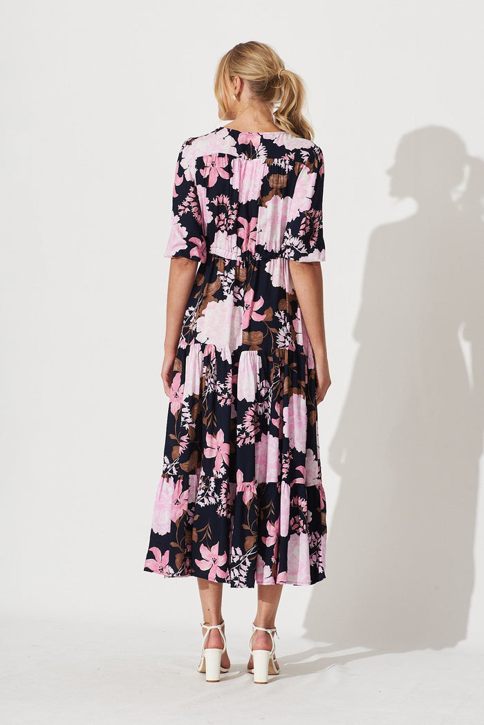 Emilia Maxi Dress In Navy With Pink And Lilac Floral - back