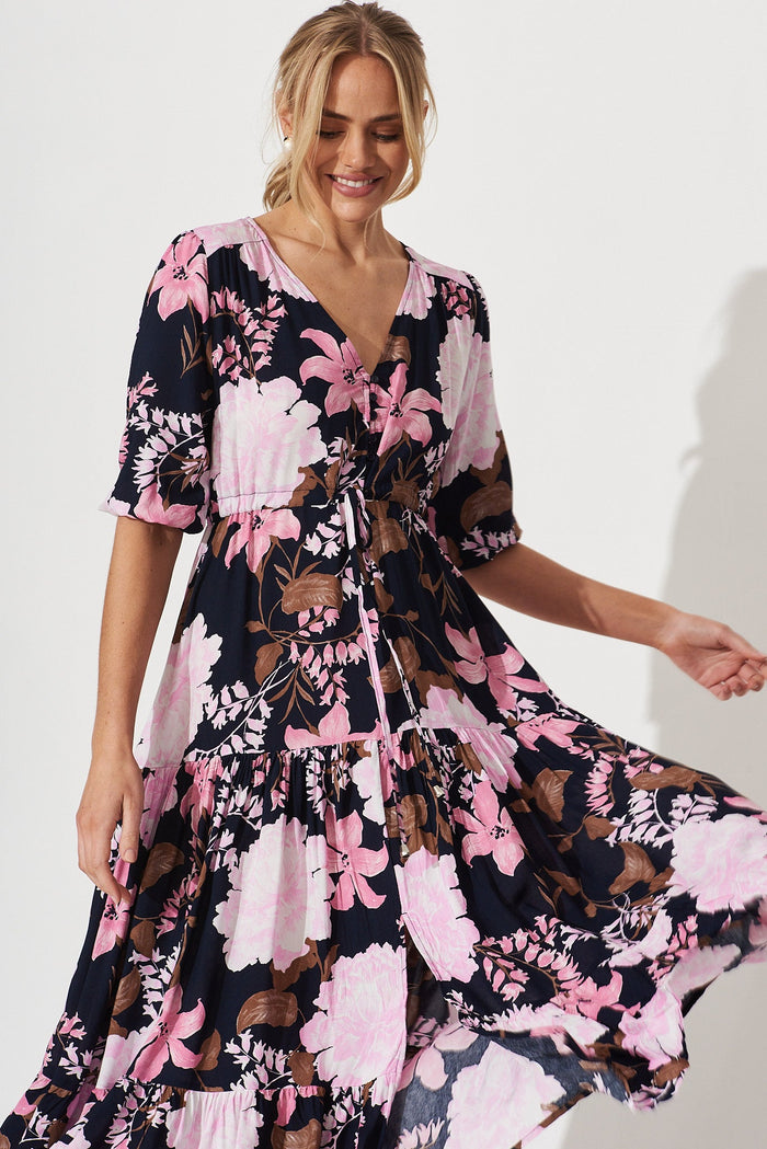 Emilia Maxi Dress In Navy With Pink And Lilac Floral - front
