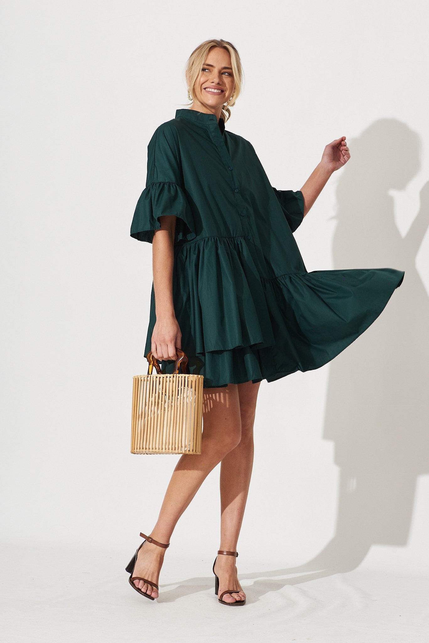 Blaire Shirt Dress In Emerald Green - full length