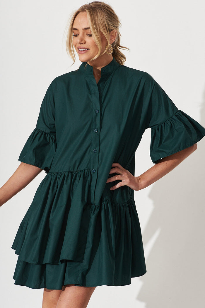 Blaire Shirt Dress In Emerald Green - front