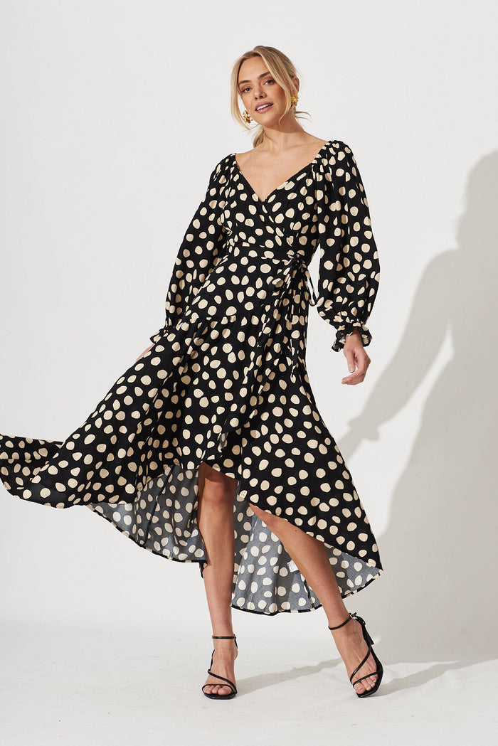 Panama Midi Wrap Dress In Black With Beige Spot - full length