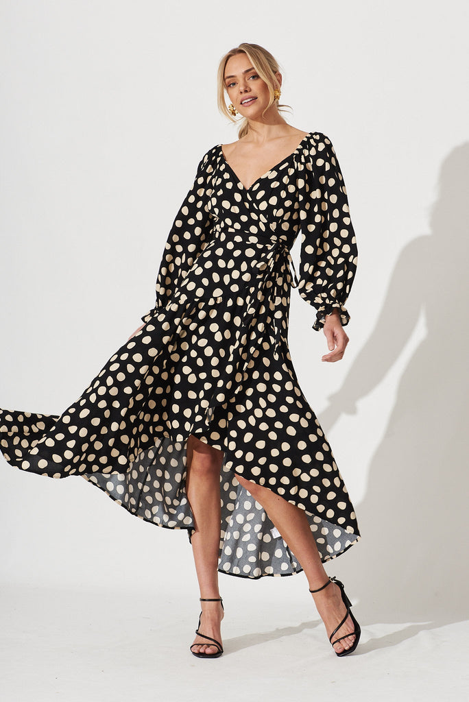 Panama Midi Wrap Dress In Black With Beige Spot - full length