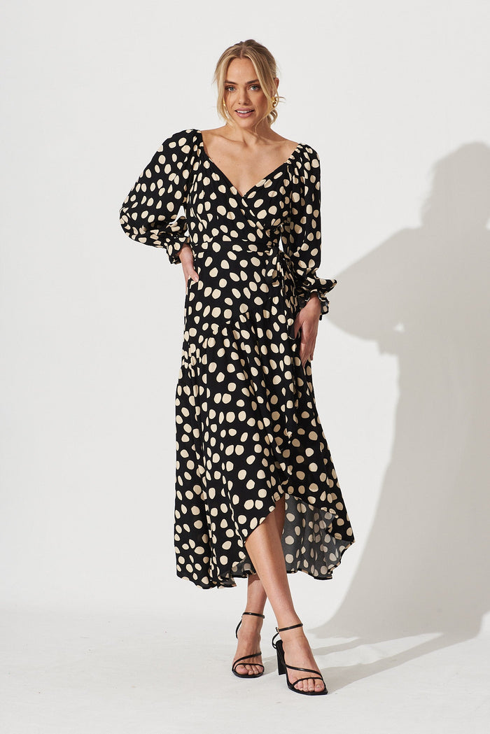 Panama Midi Wrap Dress In Black With Beige Spot - full length