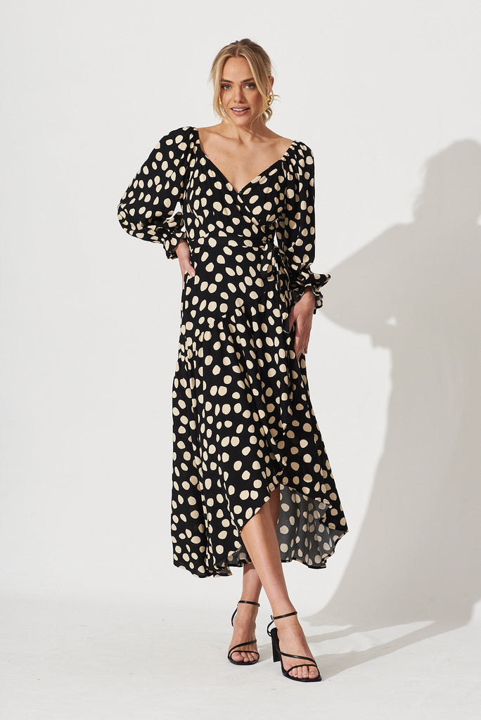 Panama Midi Wrap Dress In Black With Beige Spot - full length