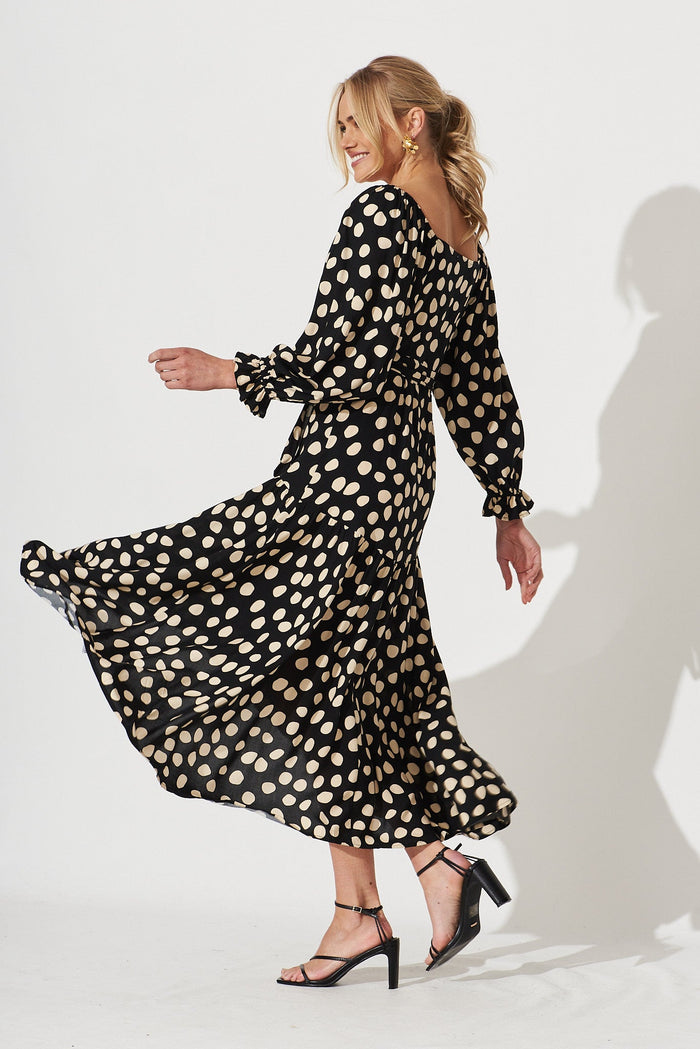 Panama Midi Wrap Dress In Black With Beige Spot - side