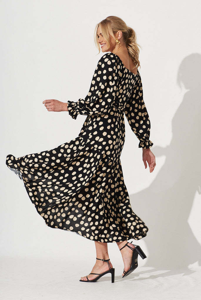 Panama Midi Wrap Dress In Black With Beige Spot - side