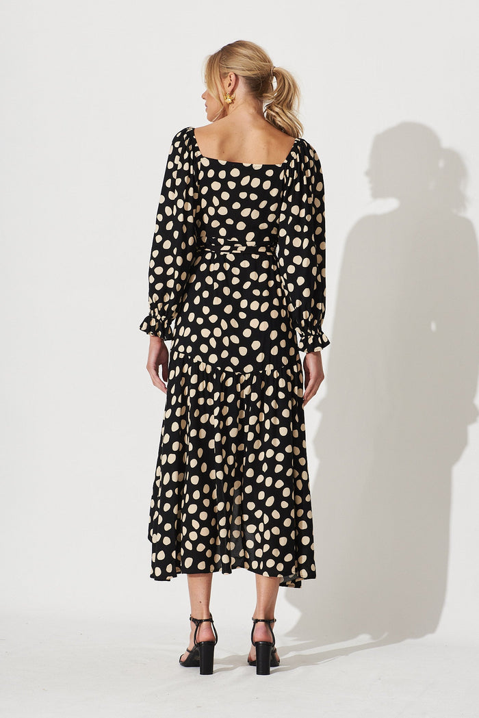 Panama Midi Wrap Dress In Black With Beige Spot - back