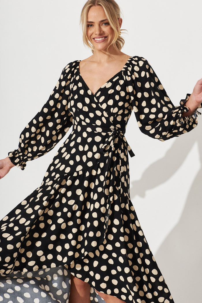 Panama Midi Wrap Dress In Black With Beige Spot - front