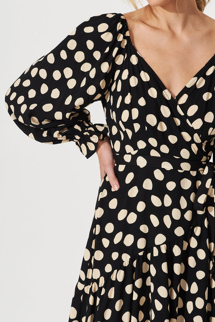 Panama Midi Wrap Dress In Black With Beige Spot - detail