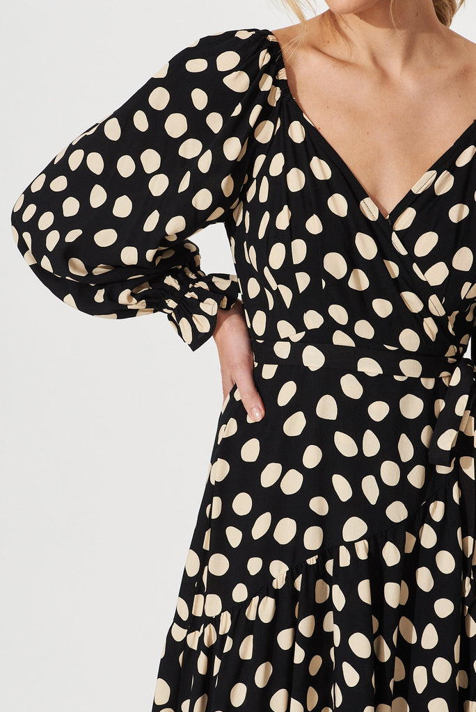 Panama Midi Wrap Dress In Black With Beige Spot - detail