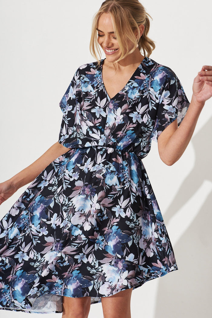 Maybe Baby Dress In Black With Blue Floral - front