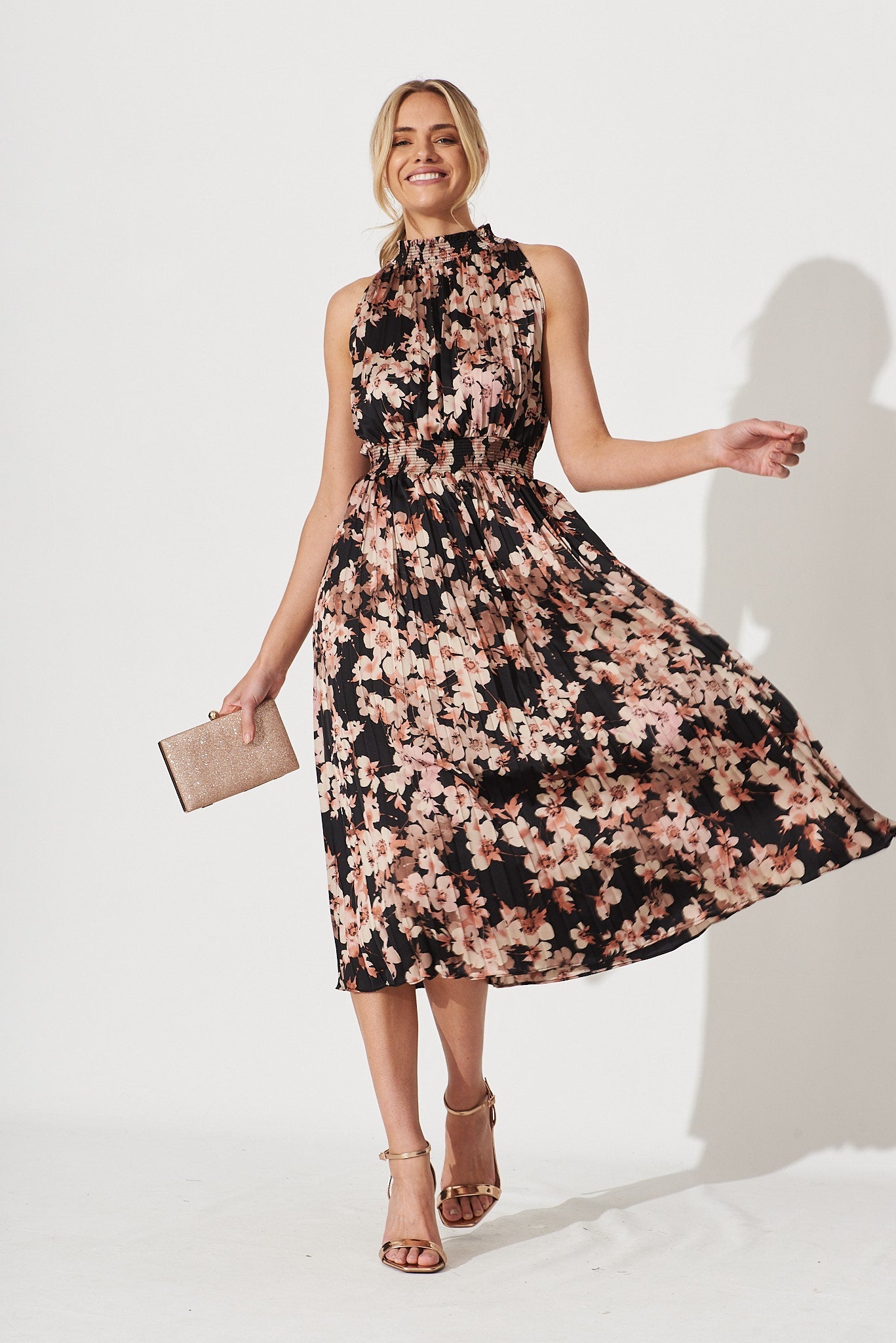Simmie Midi Dress In Black With Apricot Floral - full length