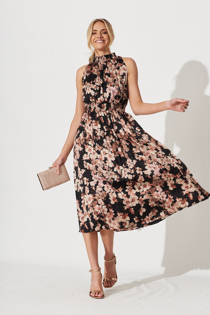 Simmie Midi Dress In Black With Apricot Floral - full length