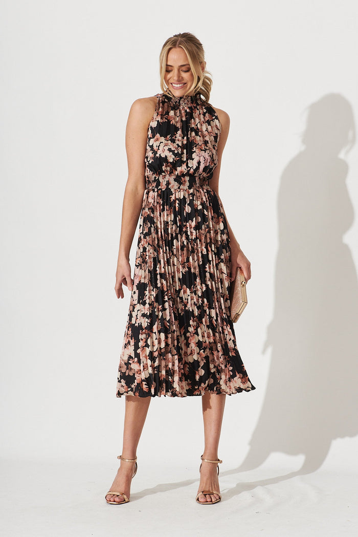 Simmie Midi Dress In Black With Apricot Floral - full length
