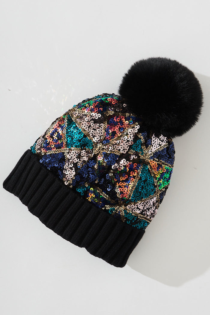 August + Delilah Grasse Beanie In Black Sequin - flatlay