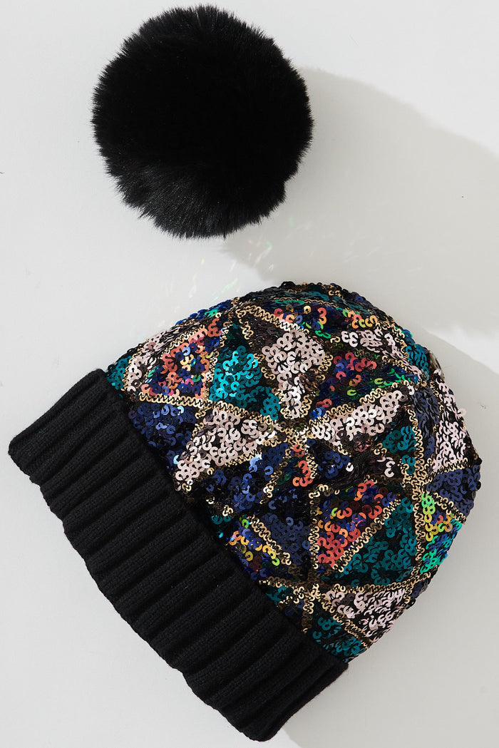 August + Delilah Grasse Beanie In Black Sequin - flatlay
