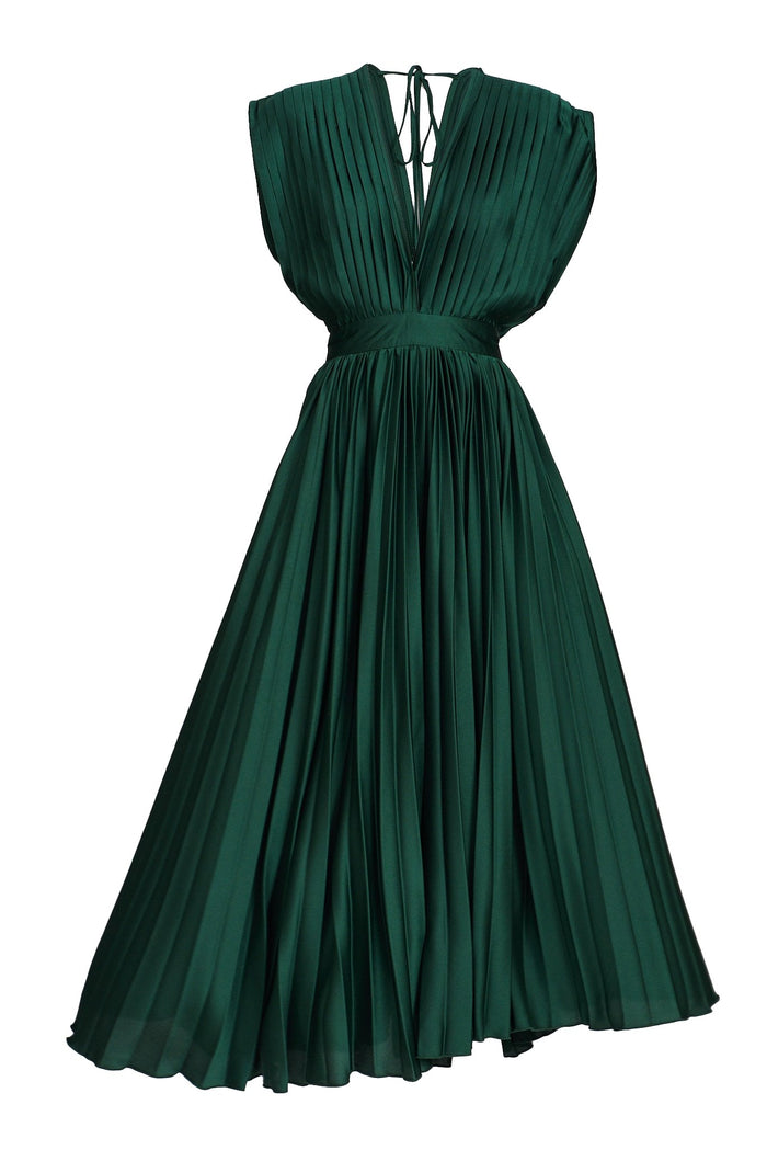Anetta Midi Dress In Pleated Emerald Satin - St Frock (Dev)