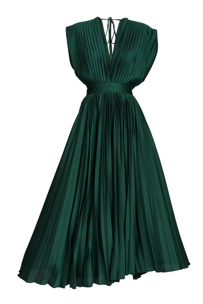 Anetta Midi Dress In Pleated Emerald Satin - St Frock (Dev)
