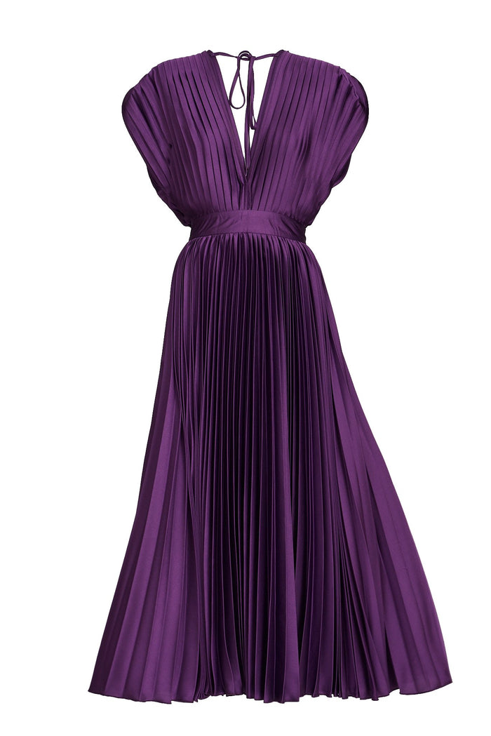 Anetta Midi Dress In Pleated In Purple Satin - St Frock (Dev)