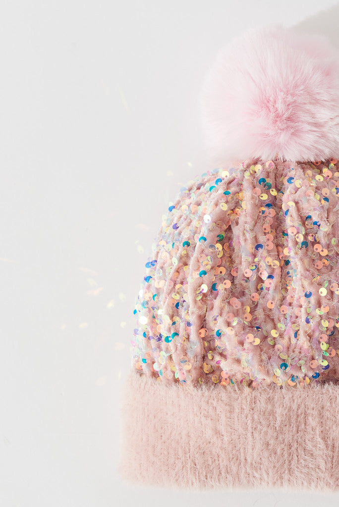 August + Delilah Figuera Knit Beanie In Pink Sequin - detail