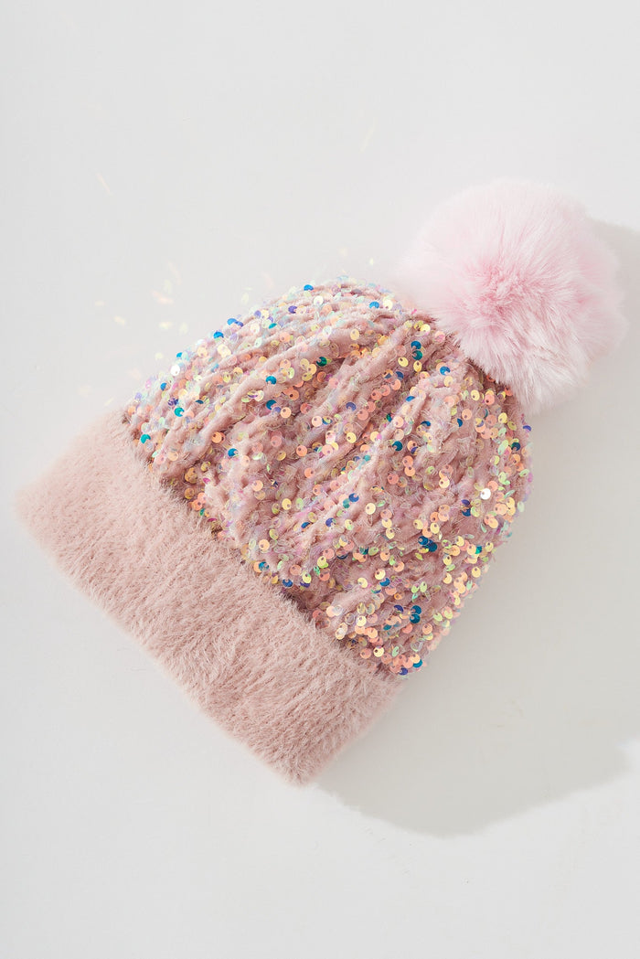 August + Delilah Figuera Knit Beanie In Pink Sequin - flatlay