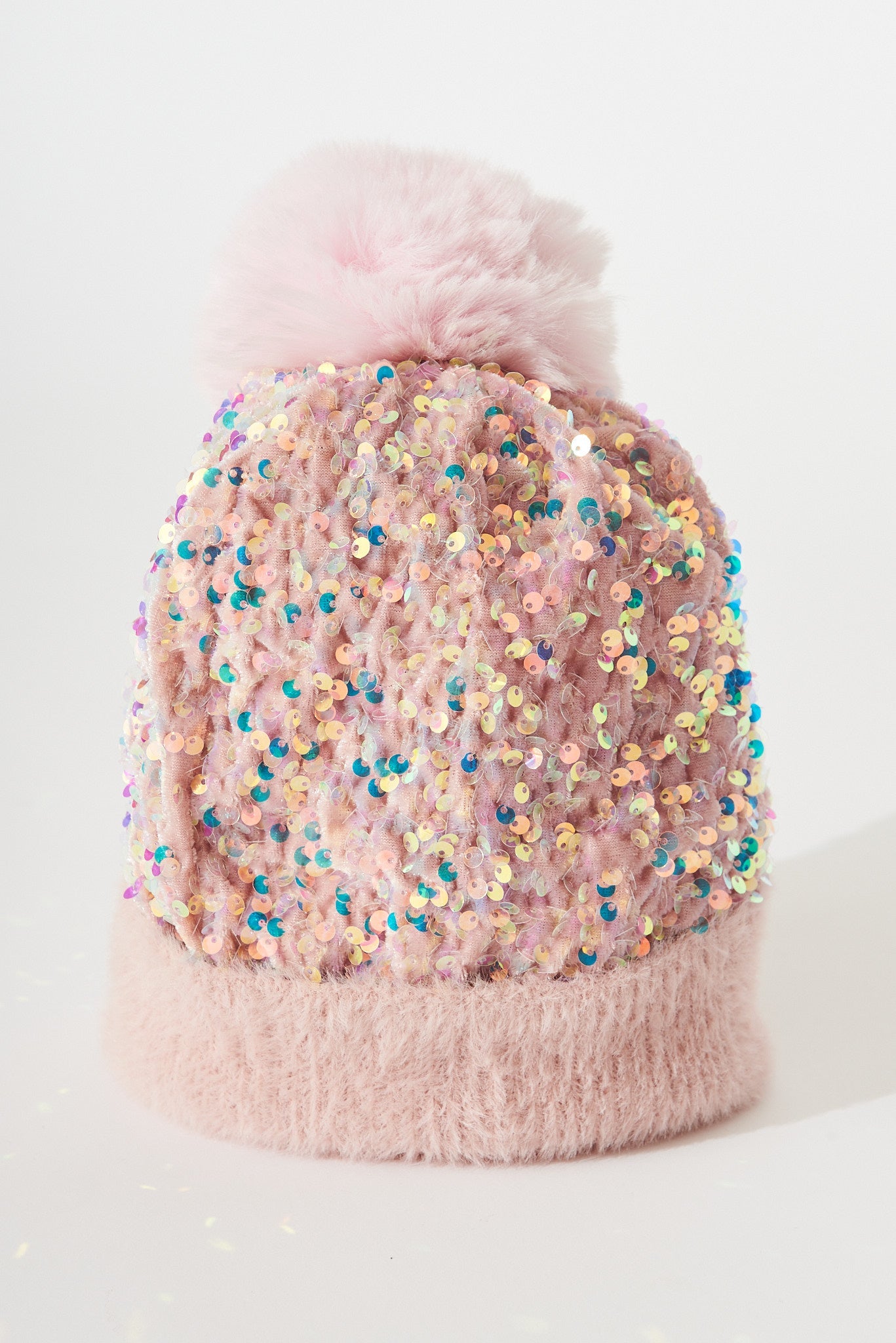 August + Delilah Figuera Knit Beanie In Pink Sequin - front