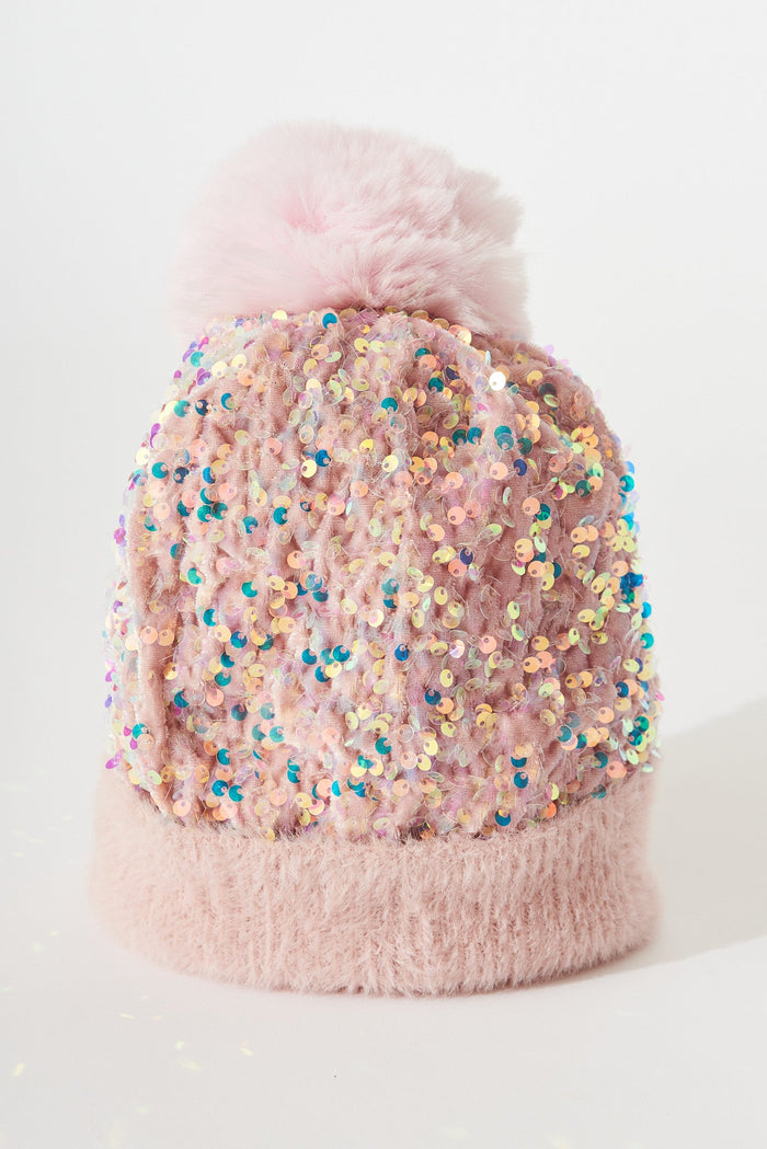 August + Delilah Figuera Knit Beanie In Pink Sequin - front