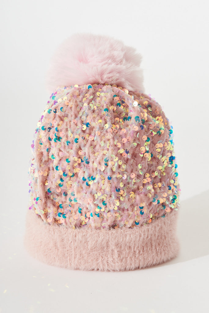 August + Delilah Figuera Knit Beanie In Pink Sequin - front
