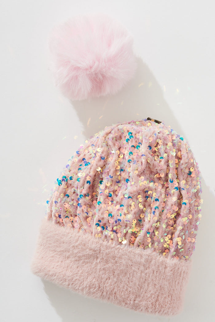 August + Delilah Figuera Knit Beanie In Pink Sequin - flatlay
