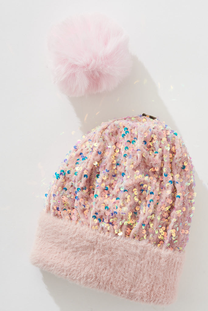 August + Delilah Figuera Knit Beanie In Pink Sequin - flatlay