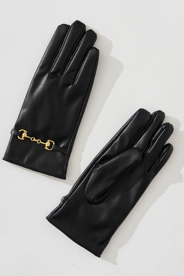 August + Delilah Poitiers PU Gloves In Black With Gold Buckle - flatlay