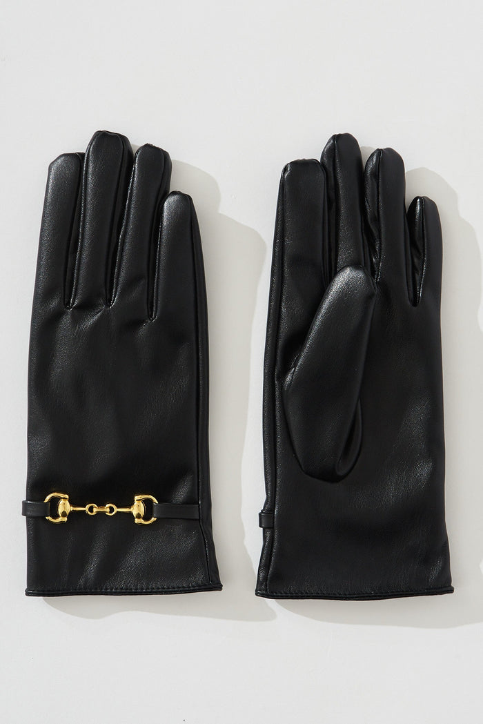 August + Delilah Poitiers PU Gloves In Black With Gold Buckle - flatlay