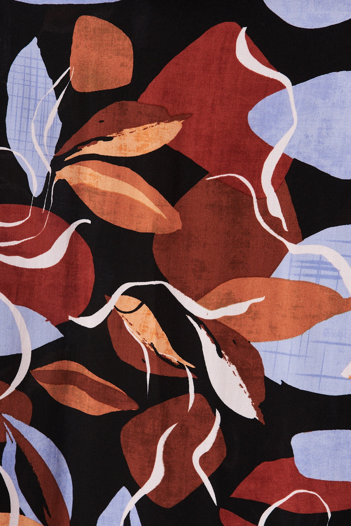 Mariah Pant In Black With Brown And Blue Leaf Print - fabric