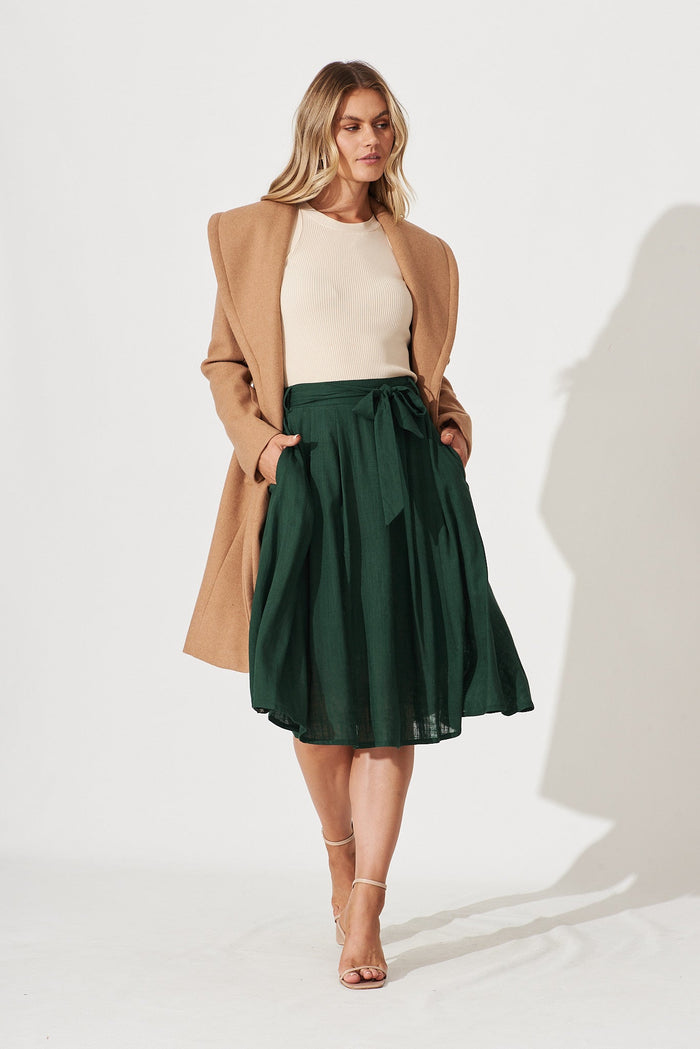 Bailey Midi Skirt In Emerald Linen - full length